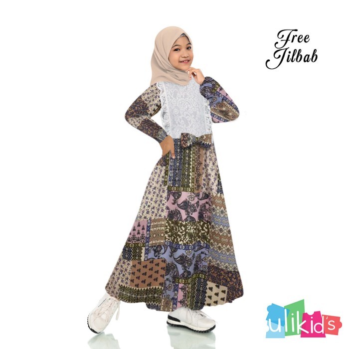 Ulikids Gamis Anak Motif Batik Kombinasi Satin Velvet dan Katun Jepang - Gold, S