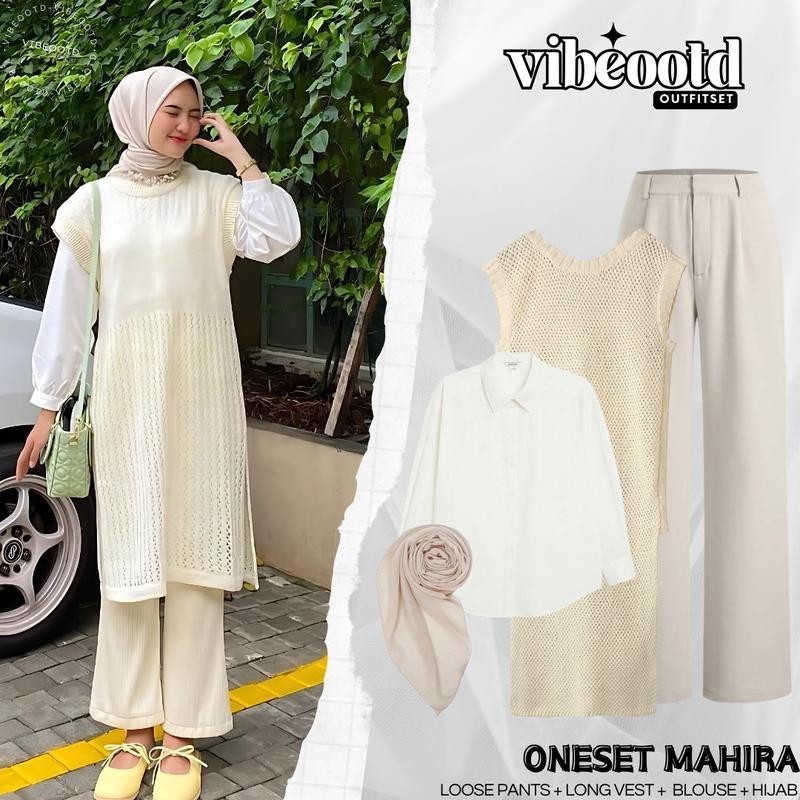 Mahira Outfit Set Wanita Hijab ( Bawahan Celana Kulot Panjang +  Outer Long Vest Tunik Jaring + Atas