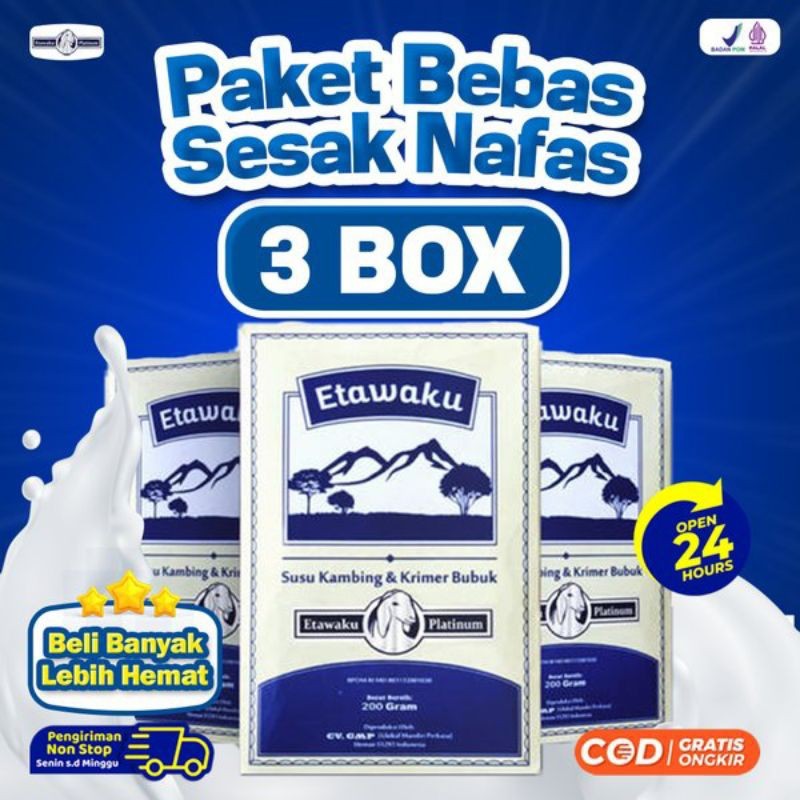 

PROMO PAKET 3 BOX ETAWAKU PLATINUM - Susu Kambing Etawa Provit Solusi Atasi Masalah Gangguan Pernapasan / Asma / Lutut Sakit Tulang Sakit Nyeri Sendi Tulang Keropos Osteoporosis Obat Nafas Napas Lega