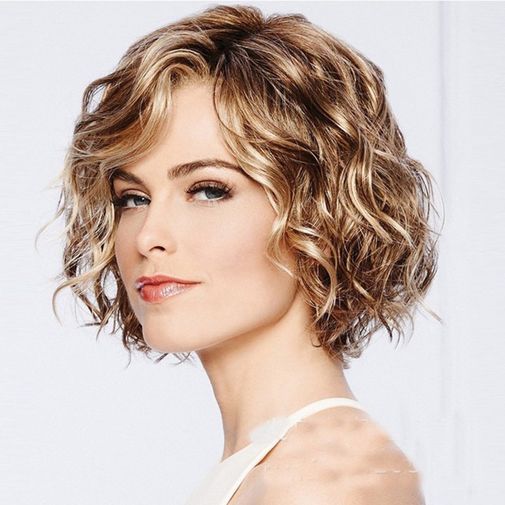 Women's wig foreign trade short curly hair mixed color wig fluffy short curly hair COS full head wig