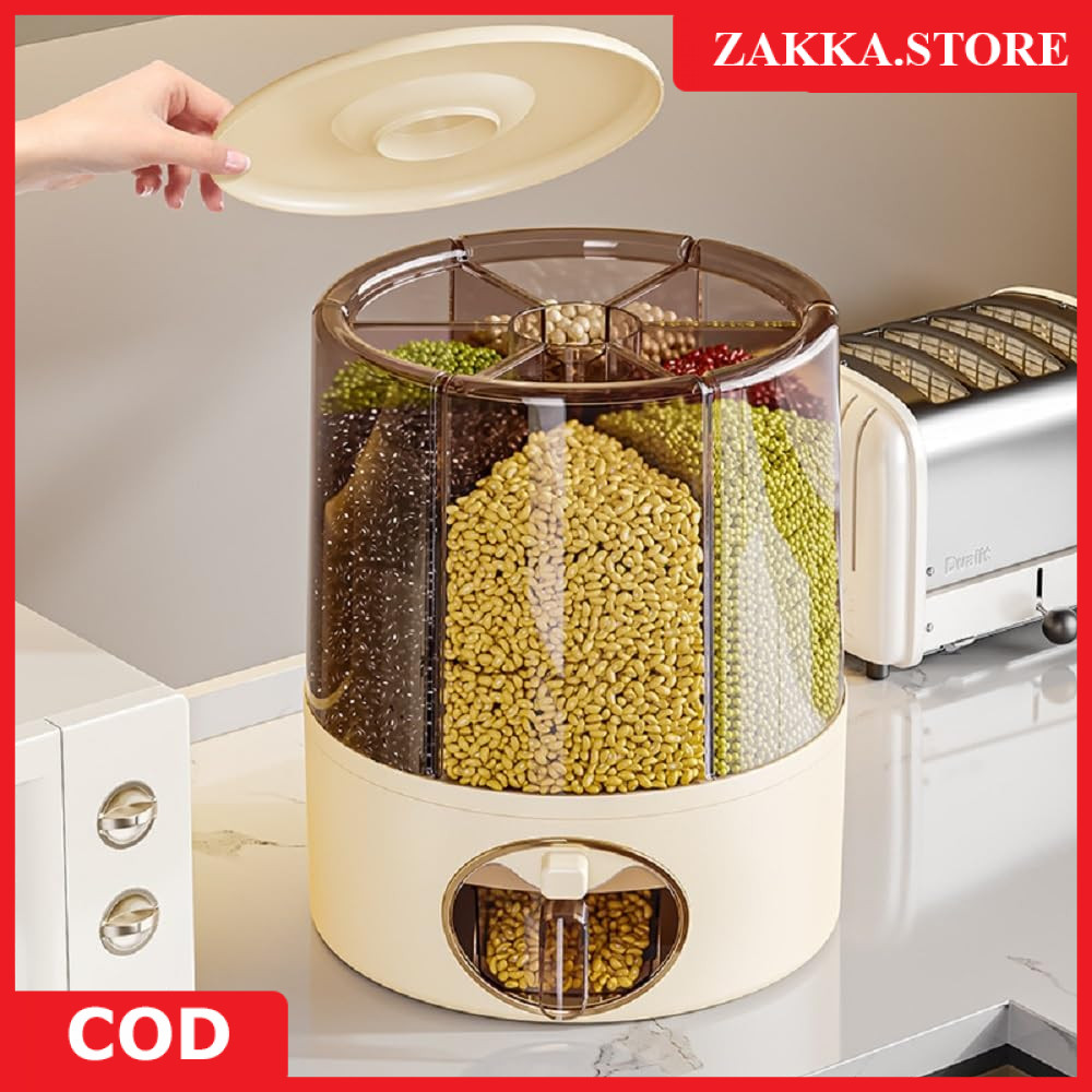 Zakka Tempat penyimpanan gandum beras Portable Dispenser gandum 360 ° ember Wadah makanan 6 Sekat