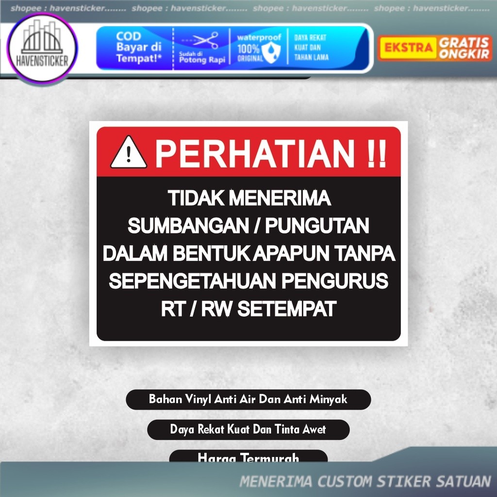 

Sticker Tidak menerima sumbangan - Pungutan Dalam Bentuk Apapun Tanpa Seizin Rt Rw - Sticker Tidak menerima Pungutan