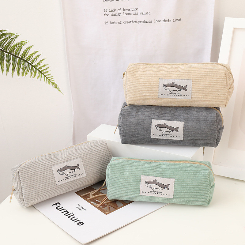 

Cute Corduroy Pencil Case Little Shark Embroidery Pen Bag Pouch Gift for Girls&Kids School Office Stationery Organizer Supplies