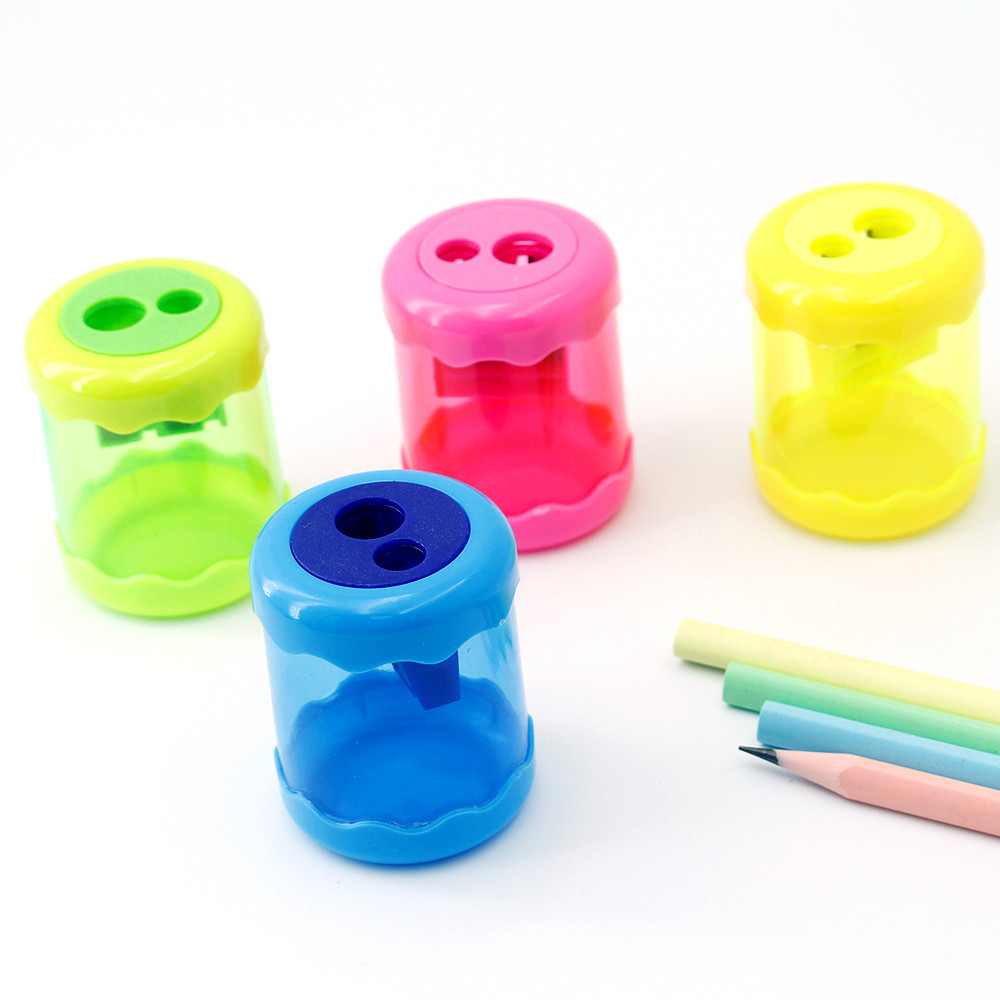 

1pc Cute Handheld Large Capacity Pencil Sharpener Dual Hole Durable Cylindrical Plastic Pencil Sharpener