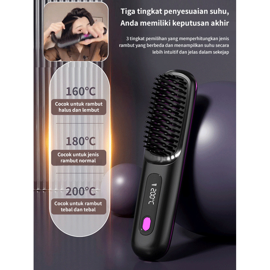 Diskon Terbatas ⚡ Sisir Pelurus Rambut Nirkabel/LCD Pemanas Keramik Tanpa Kabel/USB Isi Ulang/Portab
