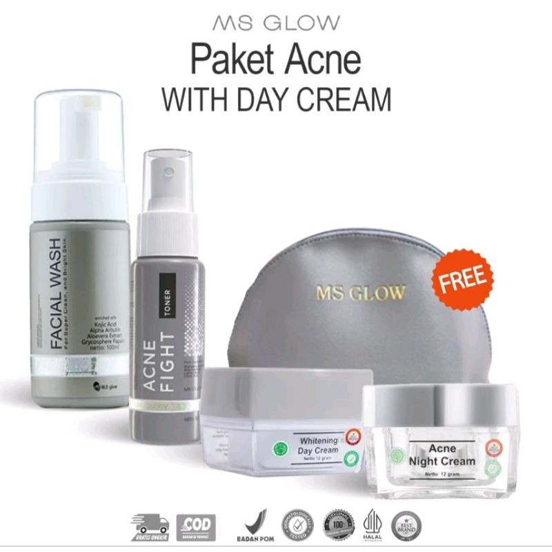 Paket Acne Ms Glow Original 100% Free Pouch/Sepaket Skincare Bpom Msglow Ori Untuk Jerawat dan Bermi