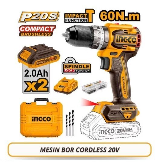 Cordless INGCO CIDLI20602GK 20V BRUSHLESS Mesin Bor Portable Impact Hammer Drill Bor Tembok Beton Ka