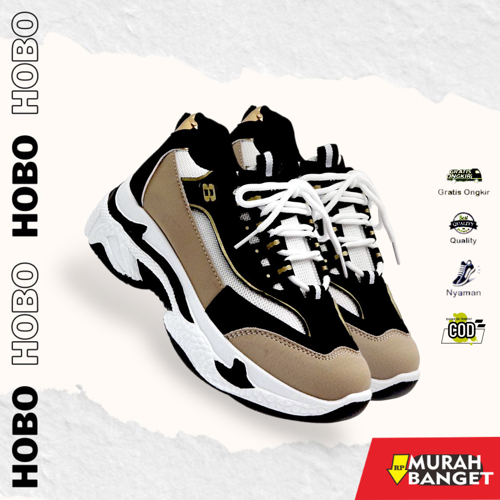 Sepatu running wanita- [ HOBO ID ] SNEAKERS WANITA KOREA SEPATU OLAHRAGA WARNA COKLAT DAN HITAM CEWE