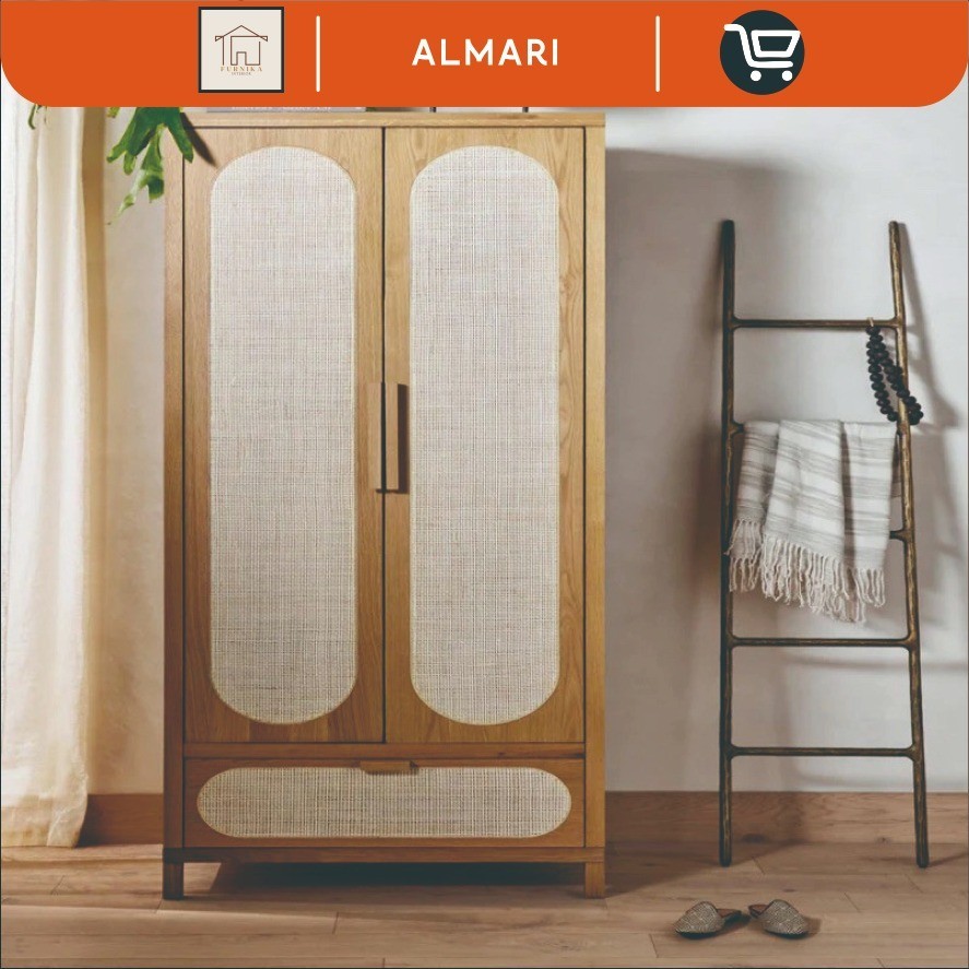 lemari retro minimalis kayu jati kombinasi rotan lemari penyimpanan baju