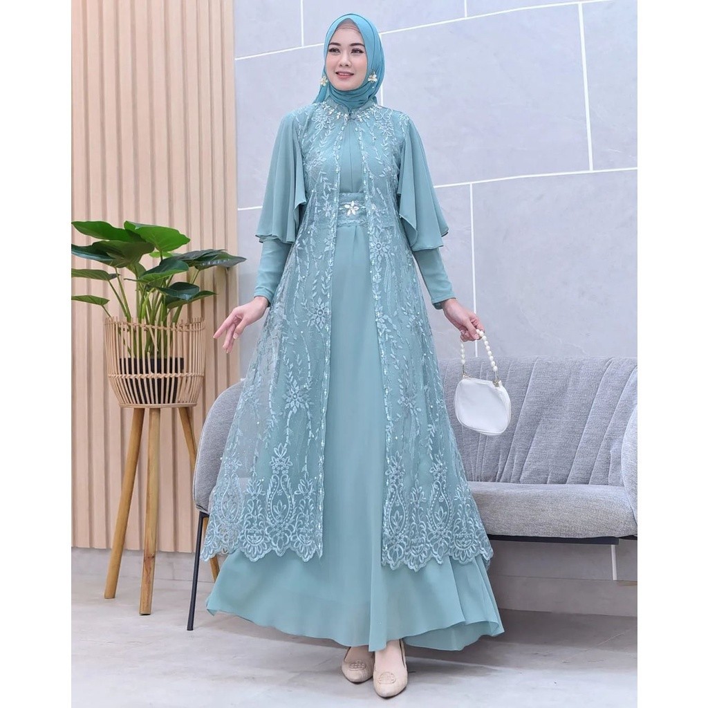 Vallina Outfit - Clarisa Maxy Dress Brokat Outer Pisahan Gamis Muslim Wanita Pesta Kondangan Premium