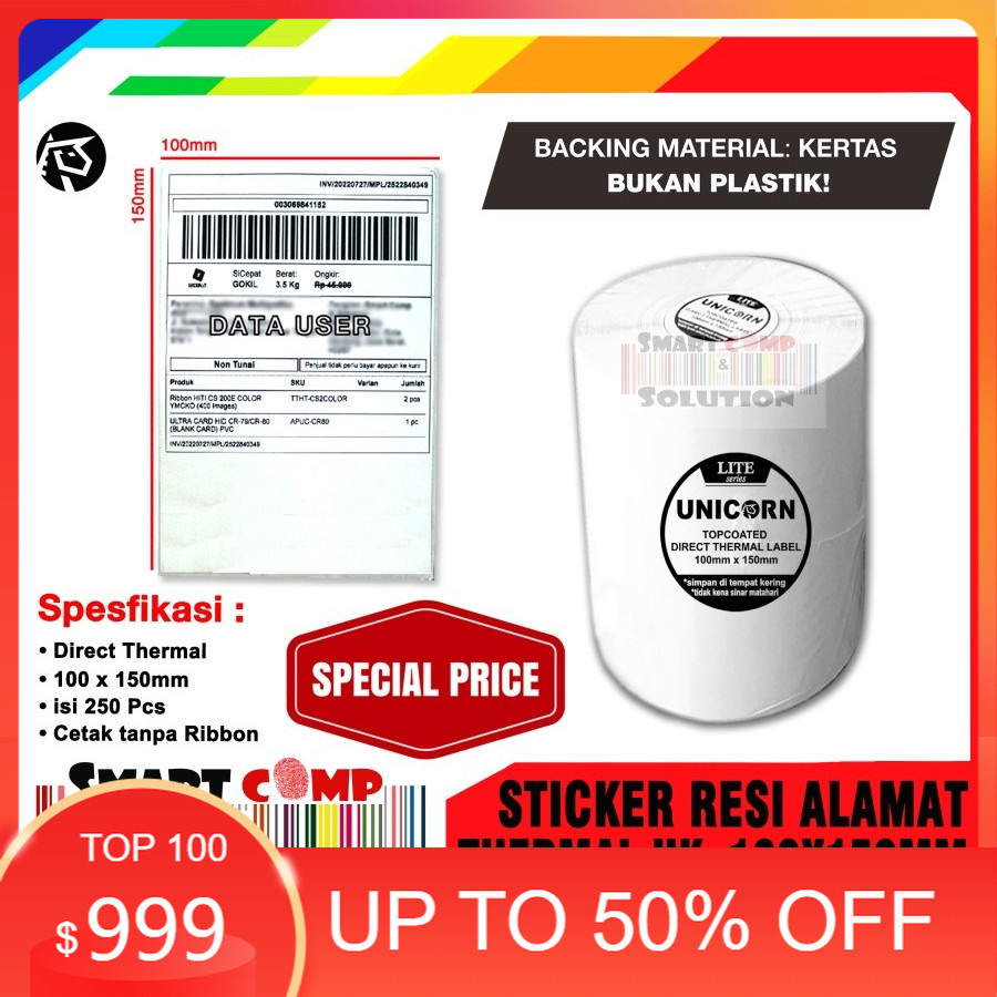 

Stiker Label Thermal Resi Alamat Market Place 100x150mm / 100x150 / 10x15 / A6 AWB Unicorn Lite