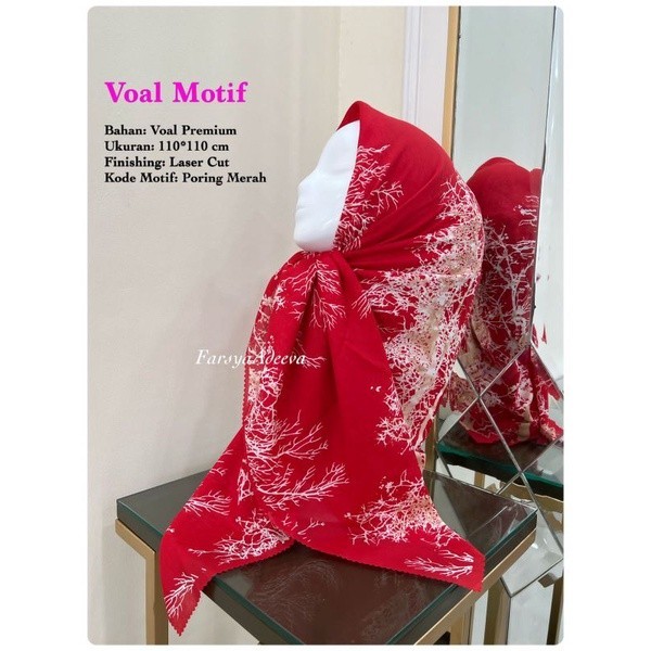 hijab denay segiempat motif ranting warna merah cabe  krudung voal denay