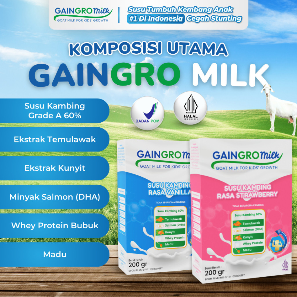 

PAKET 2 BOX SUSU VANILLA&STRAWBERRY Susu Kambing Untuk Tumbuh Kembang Anak - GainGro Milk Indonesia