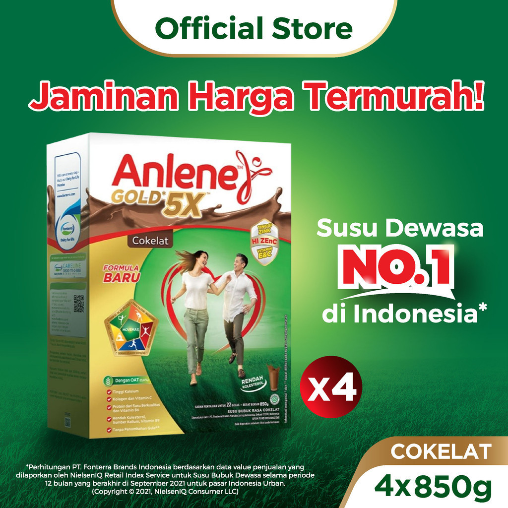 Anlene Gold 5X Susu Bubuk Dewasa Cokelat 4 x 850g - Nutrisi Tinggi Kalsium Untuk Tulang, Sendi, dan 