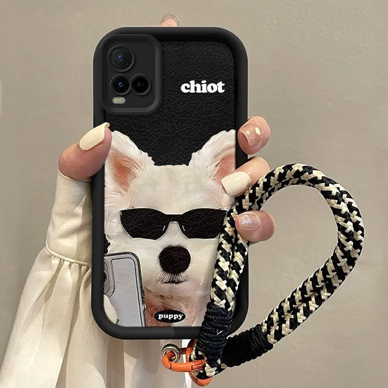 Case Vivo Y21 Y21t Y21s Y21e Y21a anak anjing yang lucu kacamata hitam kartun Model wanita (Without 