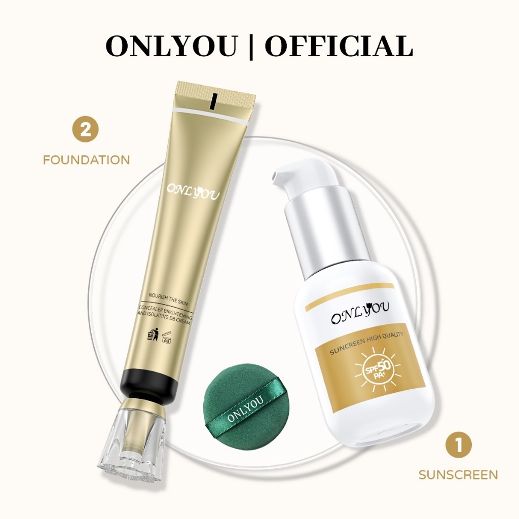 ONLYOU Paket Foundation Concealer Waterproof Foundation & ONLYOU Sunscreen SPF50+ PA+ kosmetik wajah
