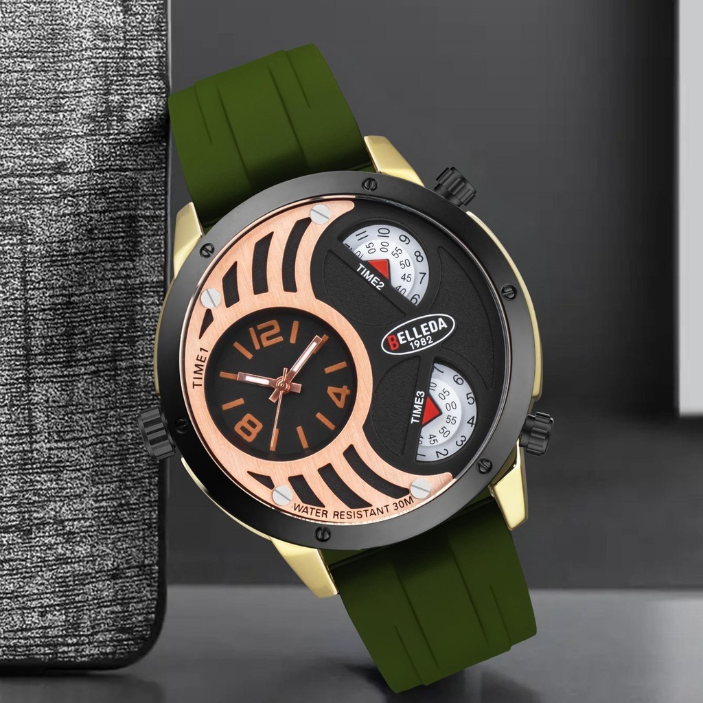 Jam Tangan Pria Belleda 9257 Triple Mesin Strap Rubber Anti Air 3 Atm Fashion Watch