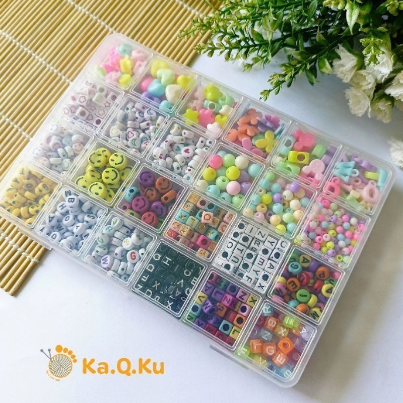 PAKET BOX MANIK MOTE HURUF MERONCE - PAKET GELANG DIY - Quuen Manik Import