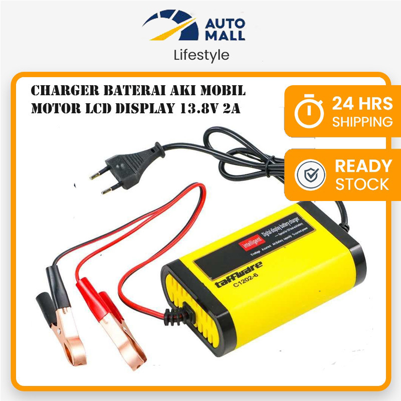 Charger Baterai Aki Mobil Motor LCD 13.8V 2A Cas Aki Mobil Dan Motor Otomatis Charger Accu Alat Cas 