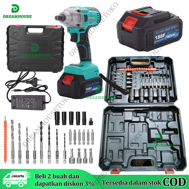 Impact wrench Cordless 288V 2 baterai mesin impact buka baut bor impact baterai inpek pembuka baut C