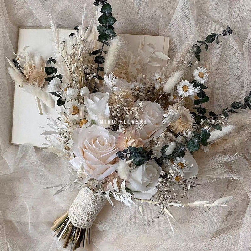 

Dry Pampas Grass Wedding Bouquet for BrideRose Bridal Artificial Bouquet Bridesmaid Boho Wedding Home Decoration Bouquets