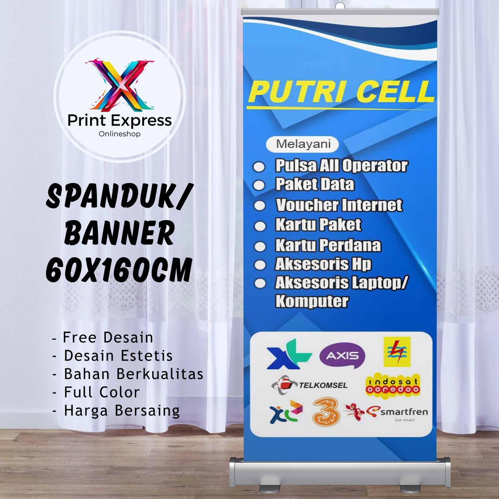 Cetak Spanduk Putri Cell Pulsa Paket Data Dan Voucher 60x160 Cm Bisa Rekues Free