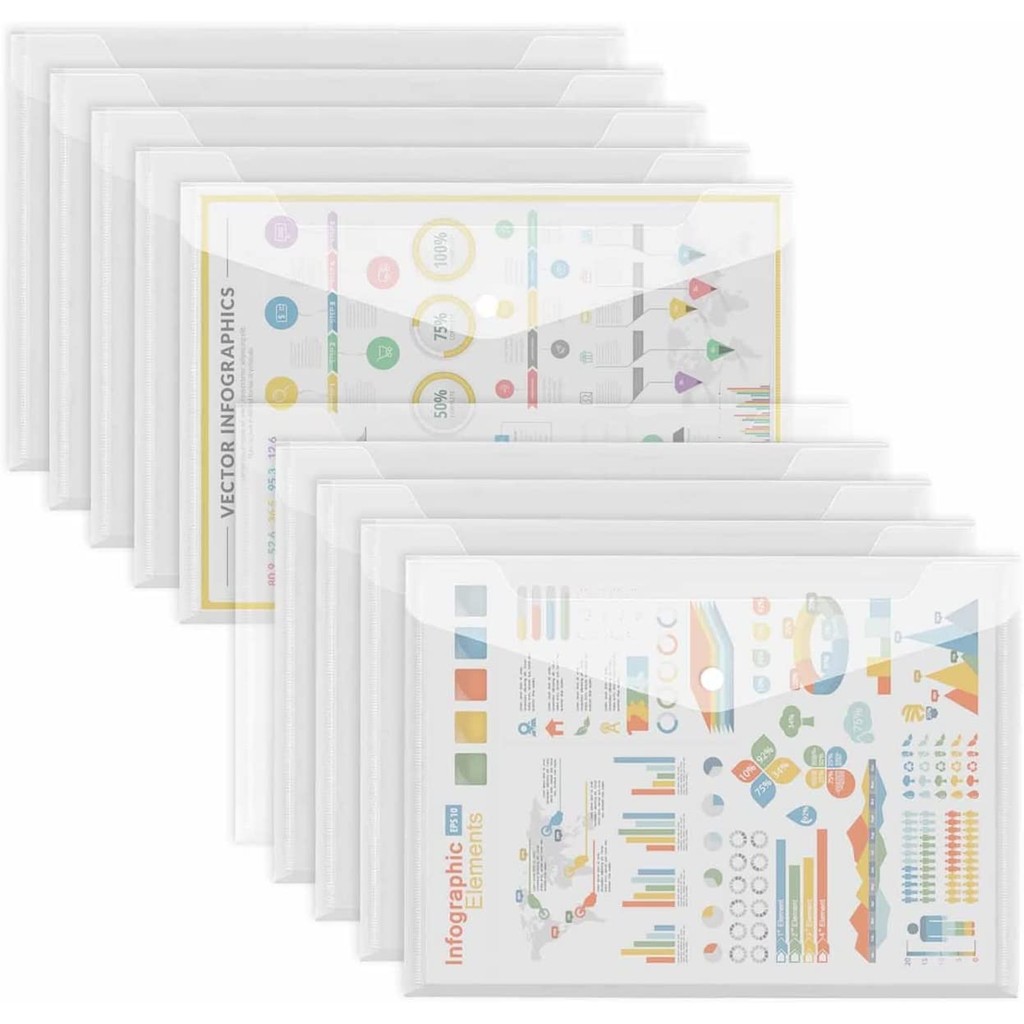 

10 Pack Plastic Envelopes with Snap Closure, A4 File Document Envelope Large Clear Poly Envelopes Plastic Folders with Closure