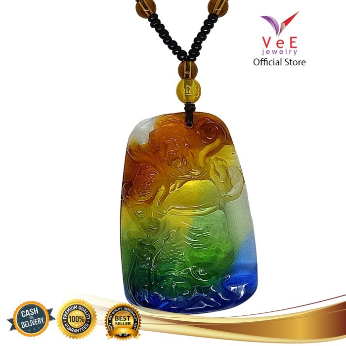 Kalung Liontin Batu Giok Pelangi Asli Cina Dewa Kwan Kong - Feng Shui