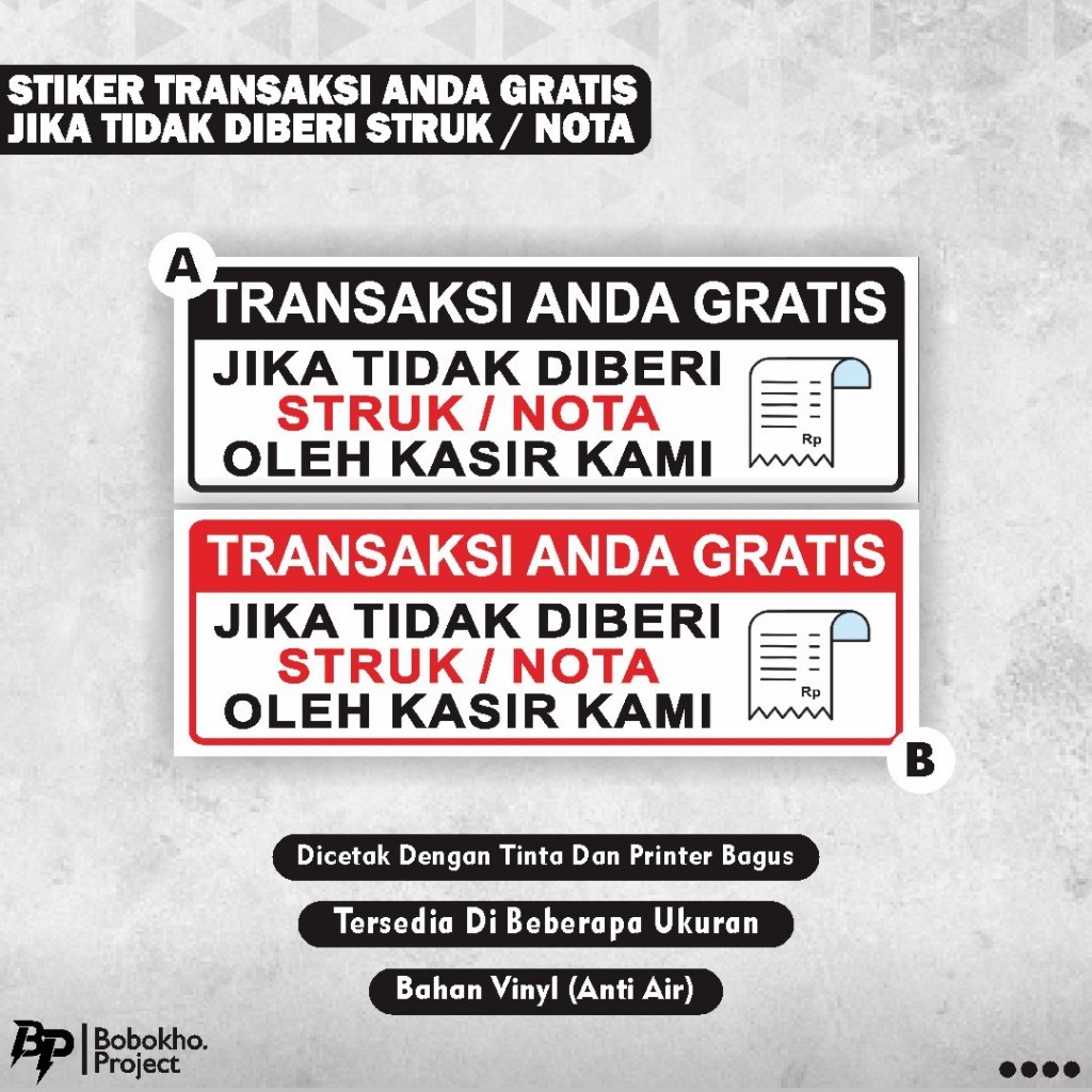 

Sticker Transaksi Gratis Apabila Tidak Dibeli Struk Nota Pembayaran Oleh Kasir Kami / Stiker transaksi gratis / Stiker Struk Nota