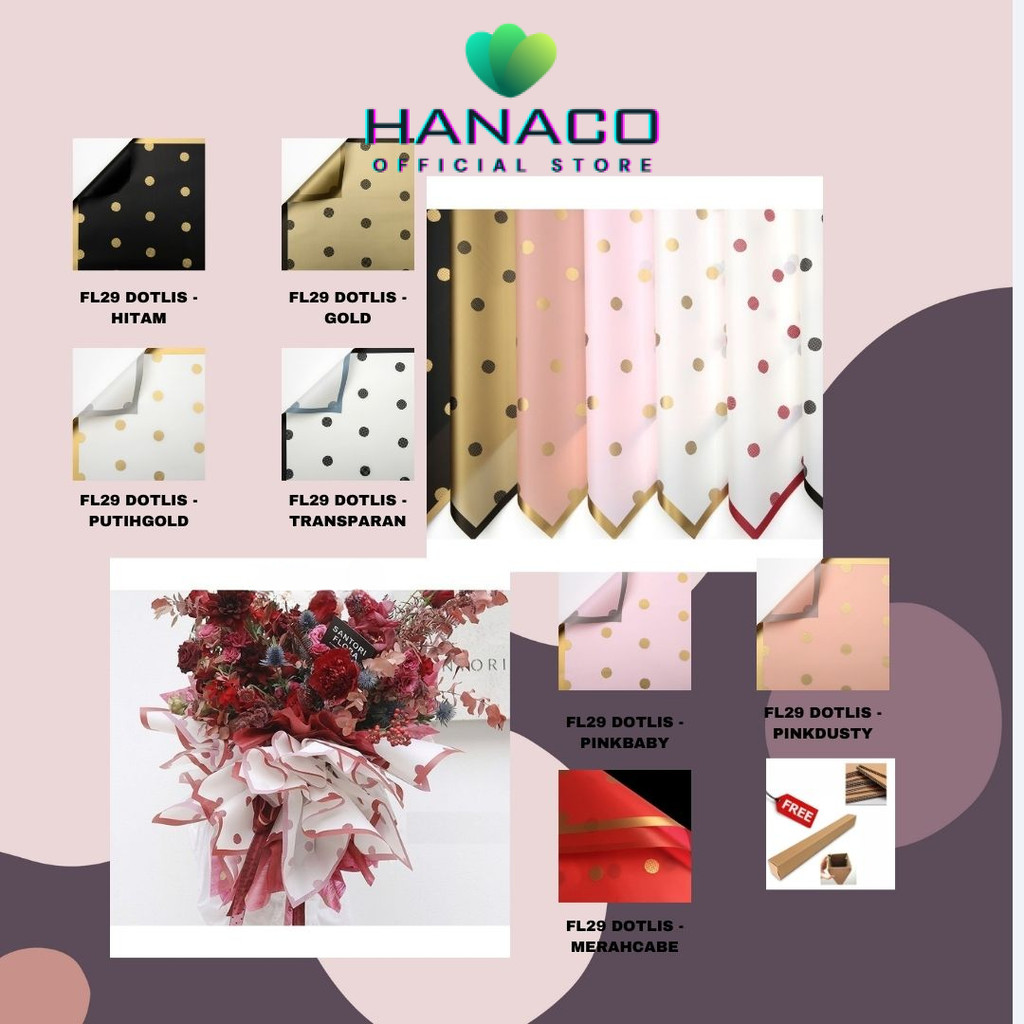 

HANACO - (5 LEMBAR) - FL29 DOTLIS Kertas Bunga Paper Buket Motif Polkadot List Transparan Florist Kado Cellophane