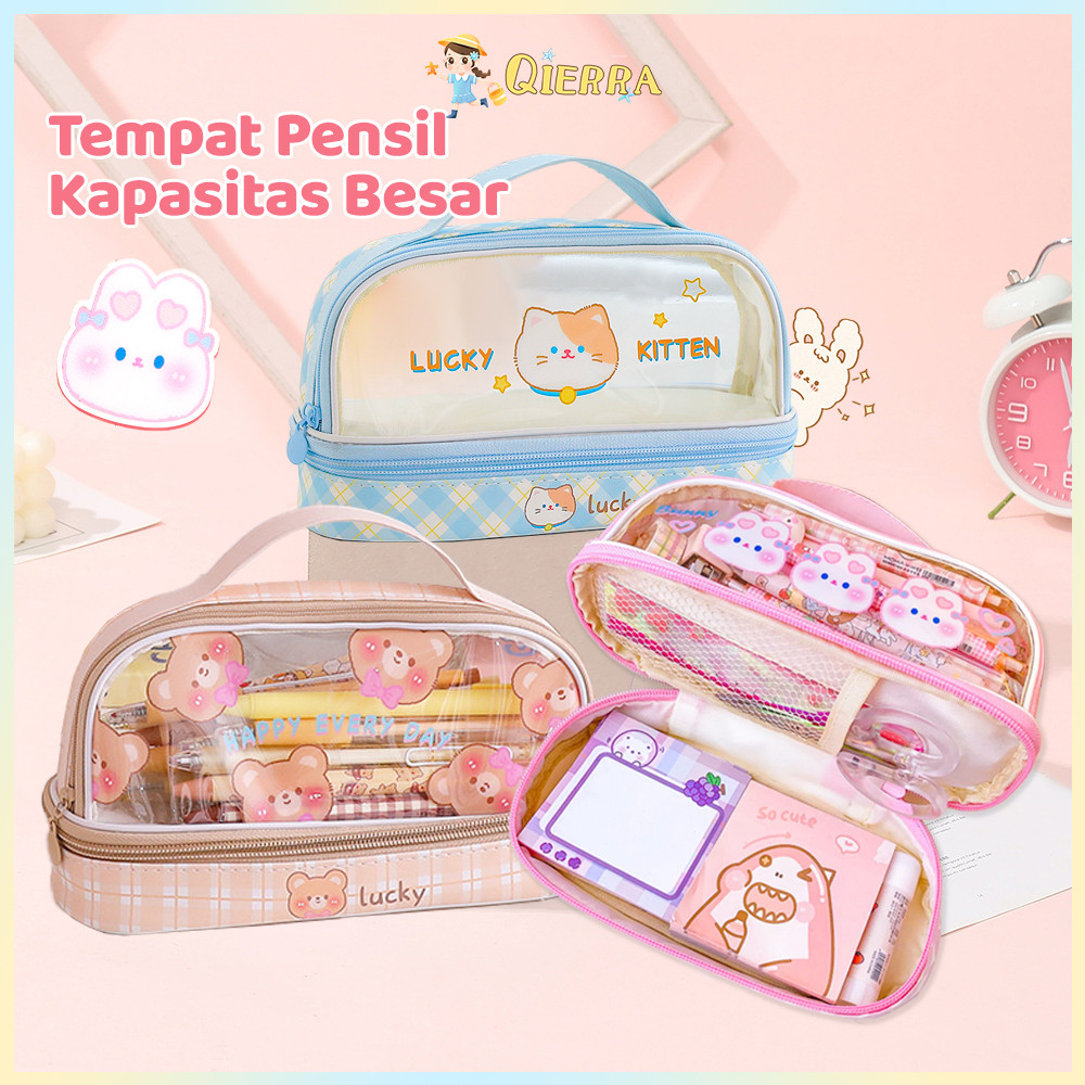 

Qierra Tempat Pensil Transparan Kotak Pensil Anak Pensil Zipper Motif Korea