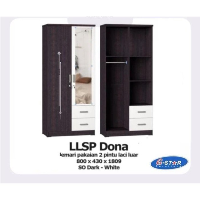 Lemari Pakaian Kayu 2 pintu kaca + laci luar Olympic Gstar LLSP Dona Lemari Baju Hitam Lemari Baju C
