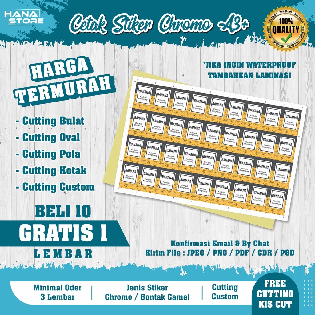 

Cetak Stiker Custom Chromo / Bontak A3+ (Print & Cutting) / Label Custom Kemasan Makanan Minuman