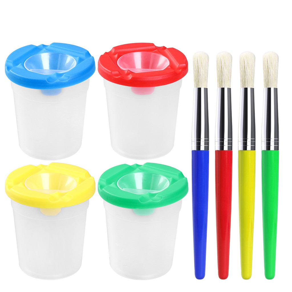 

4 Colors Kids Paint Supplies Painting Clean Cups Stippler Brush Anti-spill Child