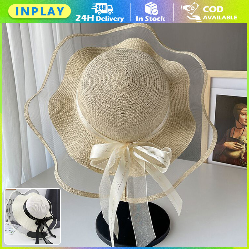 Topi Pantai Lebar Tile Pita Simple / Topi Pantai Lebar Jala / Topi Jerami Pantai Wanita