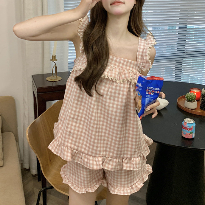 { MyReseller } Setelan Piyama Baju Tidur Pajamas Wanita Dewasa Remaja Renda Tanpa Lengan Shortpants