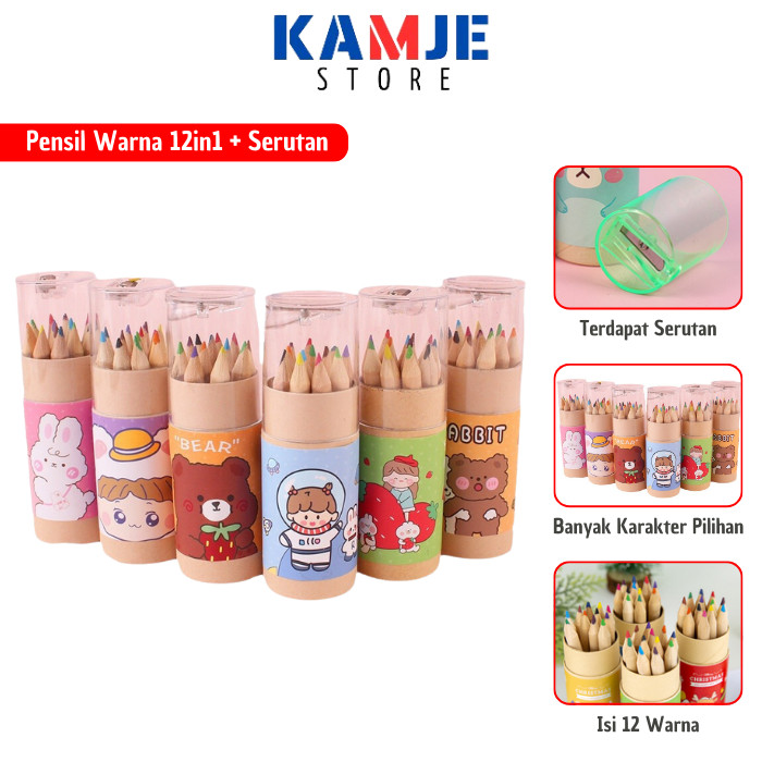 

KAMJE Pensil Warna Lengkap 12 in 1 + Serutan Color Pencils Quality Karakter Kemasan Tabung