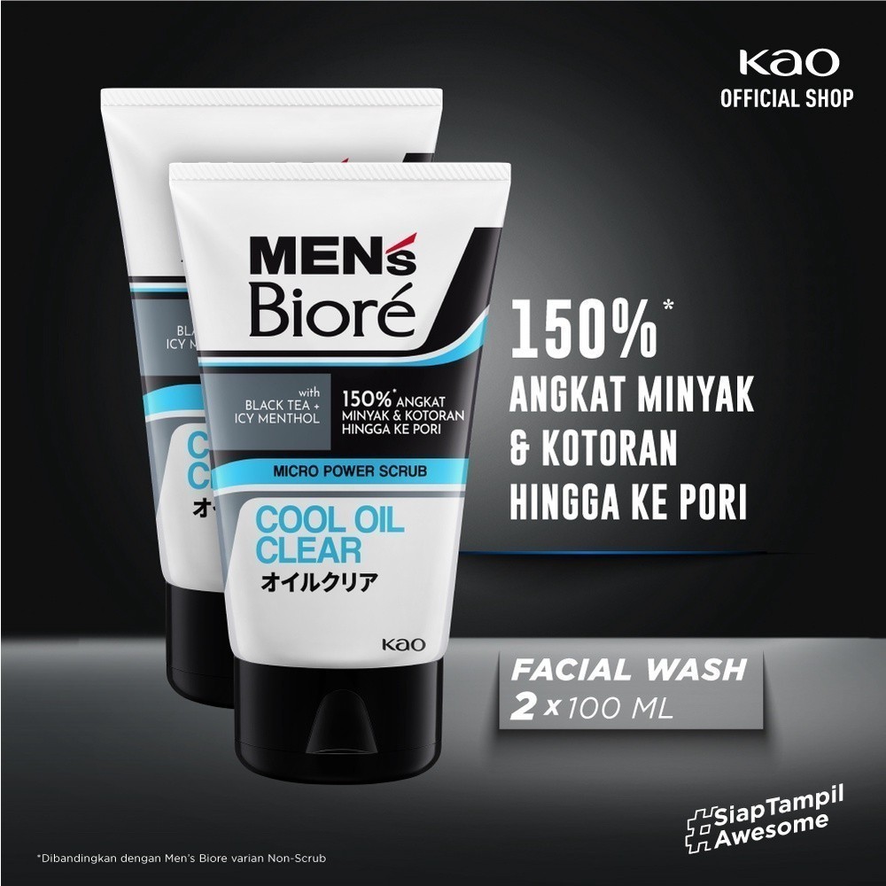 Men's Biore Micro Scrub Sabun Muka Pria Untuk Kulit Berminyak Cool Oil Clear Eksfoliasi 100 gr Twin 