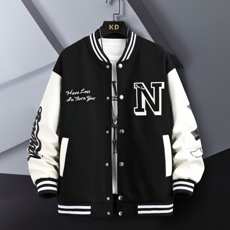 JAKET VARSITY HOODIE ZIPPER JAKET BASEBALL PRIA WANITA JUMBO (S-6XL) INISIAL LOGO N JAKET RESLETING 