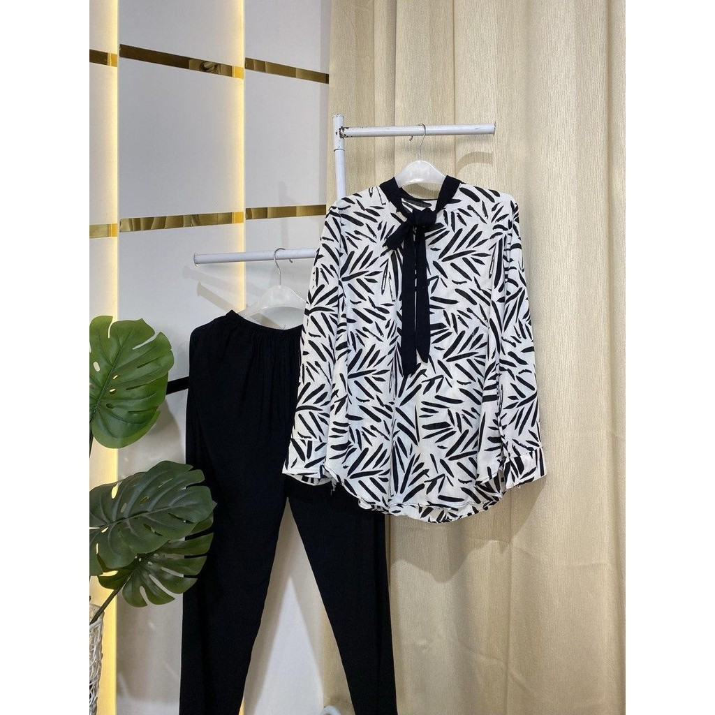 Rifina Store Alfina One set monokrom Baju Setelan Celana Wanita Panjang Katun Dewasa Motif