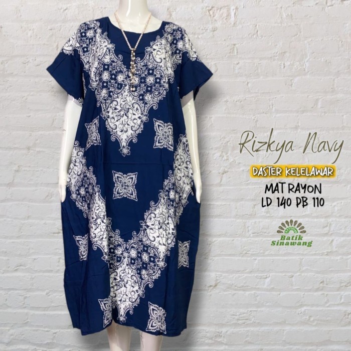 Daster Batik Kelelawar Jumbo "CEMPAKA NAVY" Bahan Rayon Super Premium - RIZKYA-UKIR