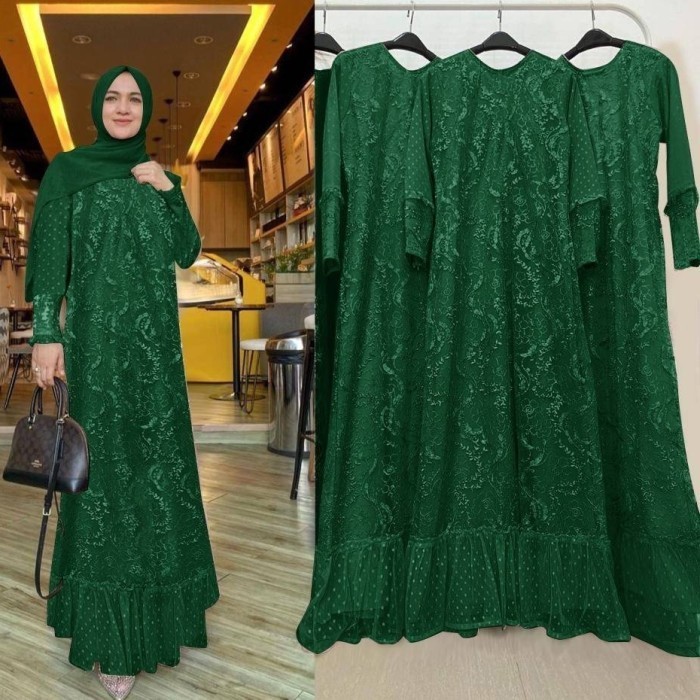 gamis maira hijau botol size L baju pesta remaja brukat tile murah at