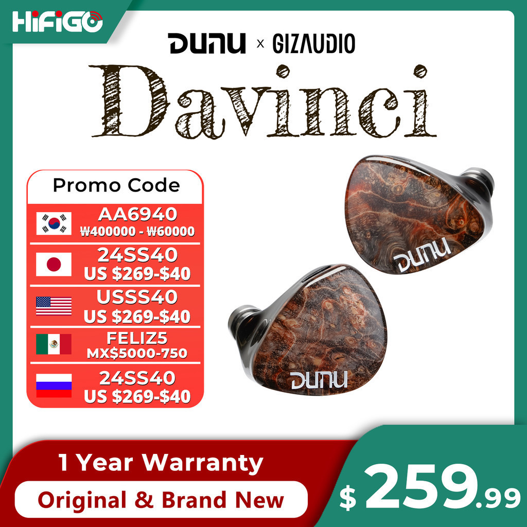 HiFiGo DUNU x Gizaudio DaVinci 2DD+4BA Hybrid In-ear monitor Earphones with 3.5mm+4.4mm Swappable Te
