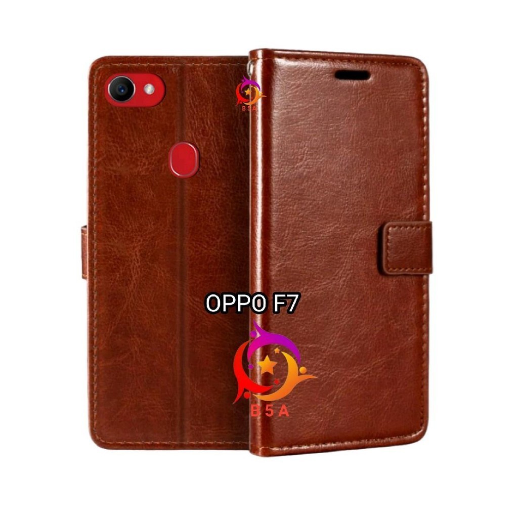 OPPO F7 Flip Cover Wallet Leather Casing Dompet Kulit ( Case Untuk F7 ) Slot Card Warna Hitam Merah 