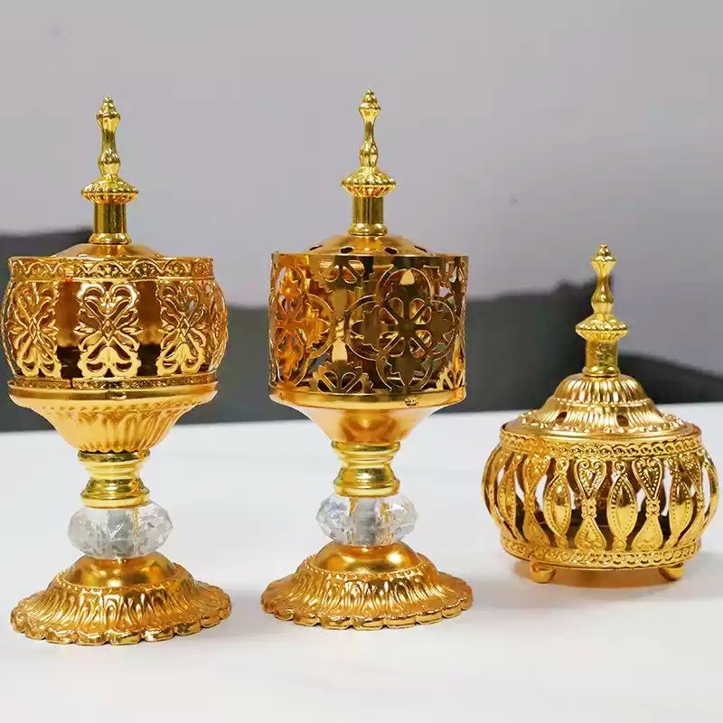 CARAT Tempat Bakar Dupa Mabkharah Bulat Arab Bahan Logam Warna Emas Dupa Burner/Tempat Dupa / Pembak