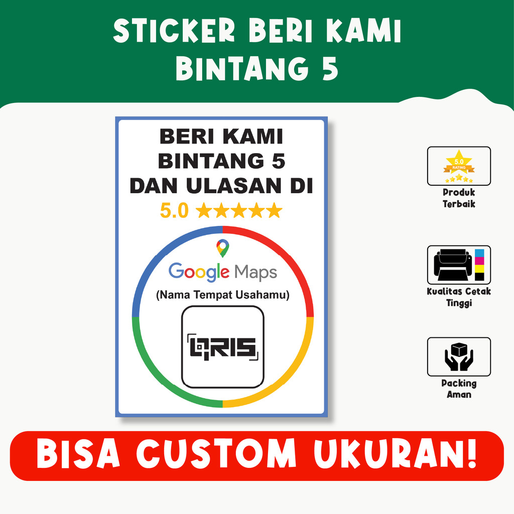 

Sticker Beri Kami Bintang 5 – Review Google Maps, Tahan Air, Vinyl Premium, Custom