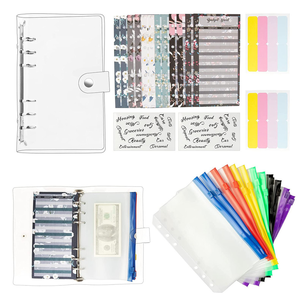 

A6 Clear PVC Notebook Binder Budget Cash Envelopes System Planner Organizer with Binder Zipper Pockets,Budget Sheets and Labels