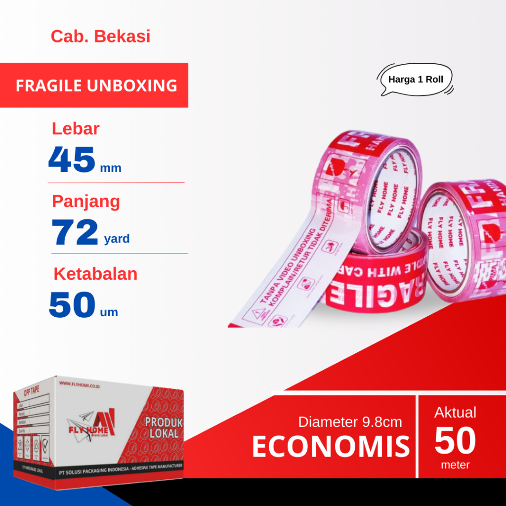 

FLYHOME 1Roll Lakban Fragile Unboxing 45x72Y 2inci Uk Besar ECO 72 Yard