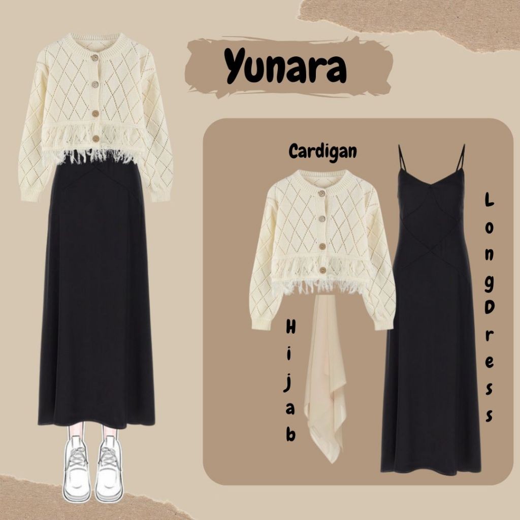 ABI___(( Yunara Outfit | One Style ( Cardigan Rawis + Long Dress Hitam + Hijab ) | OOTD Korean Style