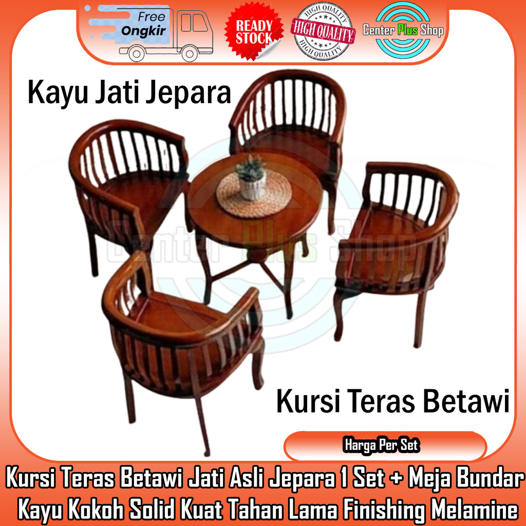 Kursi Teras Betawi Jati Asli Jepara 1 Set + Meja Bundar Bulat Lingkaran Bangku Tamu Mangkok Santai C